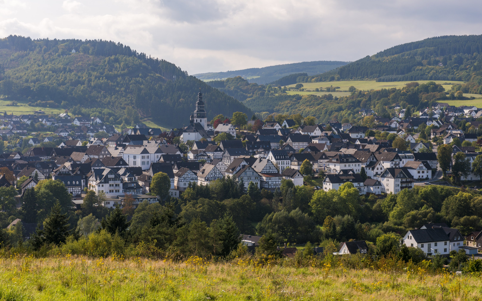 Die Stadt Hallenberg inmitten von Bergen, Wiesen und Wäldern.
