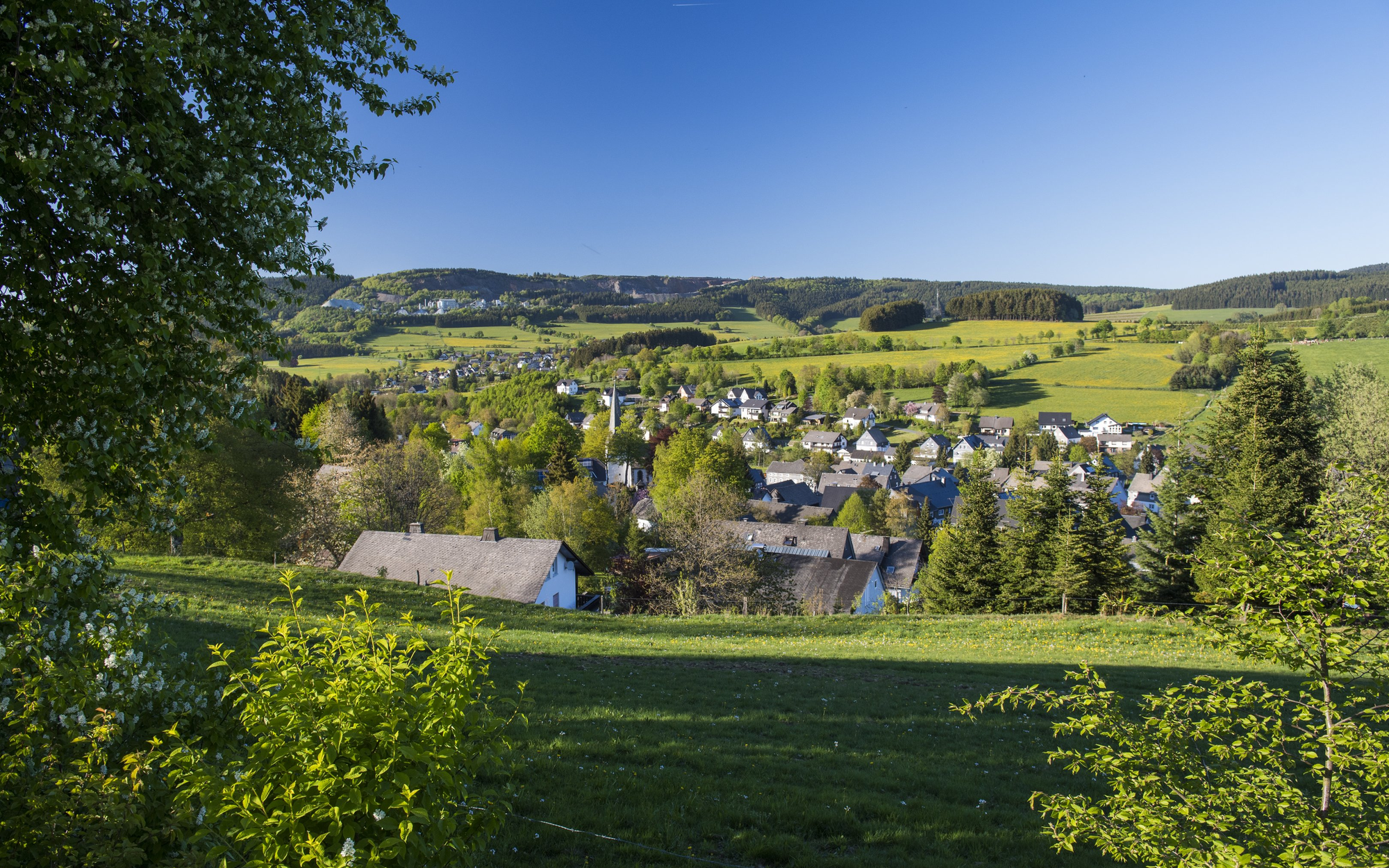 Die Ortschaft Grönebach inmitten von Wäldern, Wiesen und Bergen.