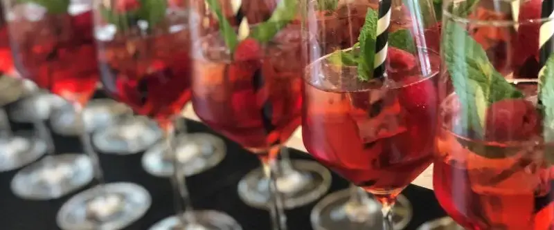 Eine Reihe von Cocktailgläsern mit einem rosa Getränk, Himbeeren, Minze und einem Strohhalm in jedem Glas.