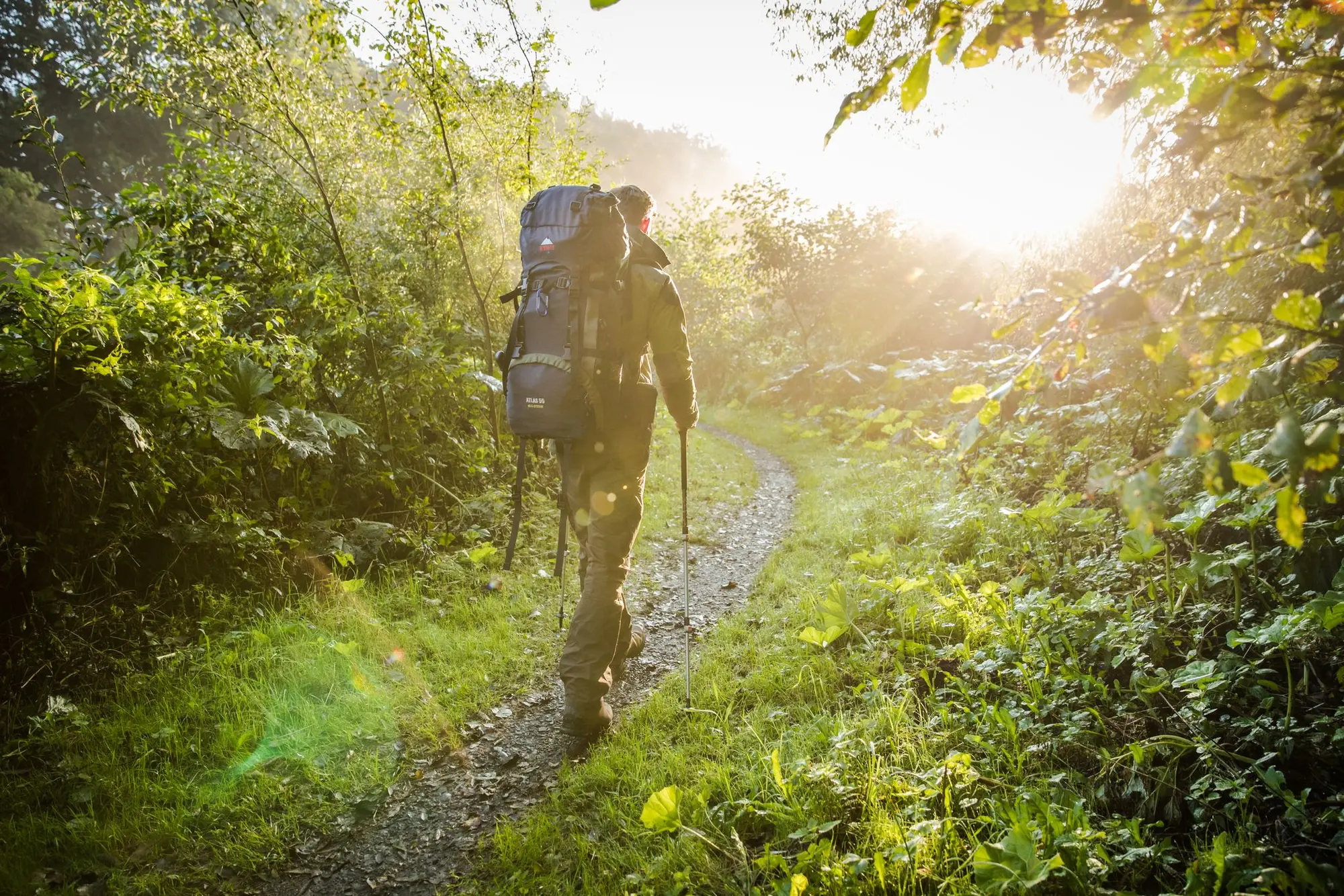 Ein Mann mit einem großen Wanderrucksack und Wanderstöcken beim wandern im Wald.