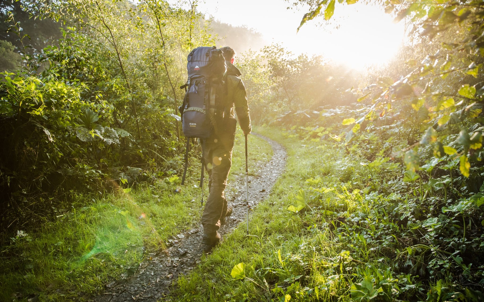 Ein Mann mit einem großen Wanderrucksack und Wanderstöcken beim wandern im Wald.