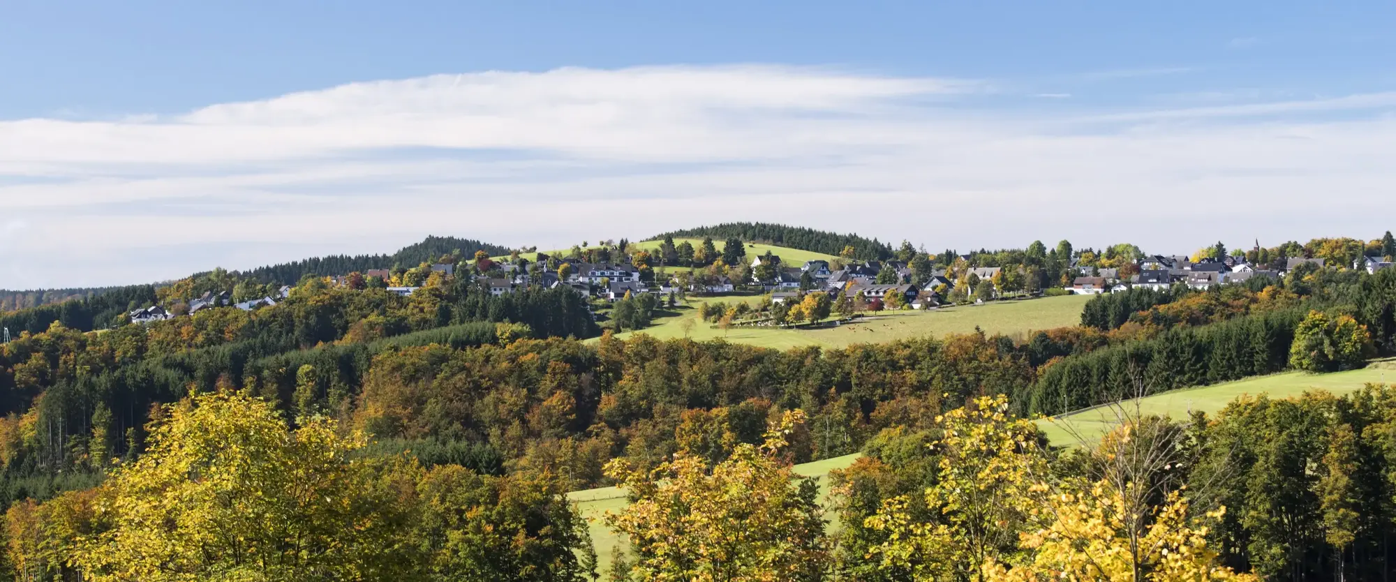 Die Ortschaft Langewiese inmitten von Wiesen, Wäldern und Bergen.