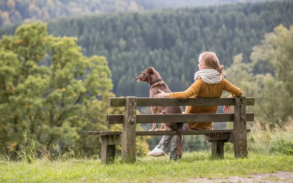 Eine Frau macht zusammen mit ihrem Hund Pause auf einer Bank.