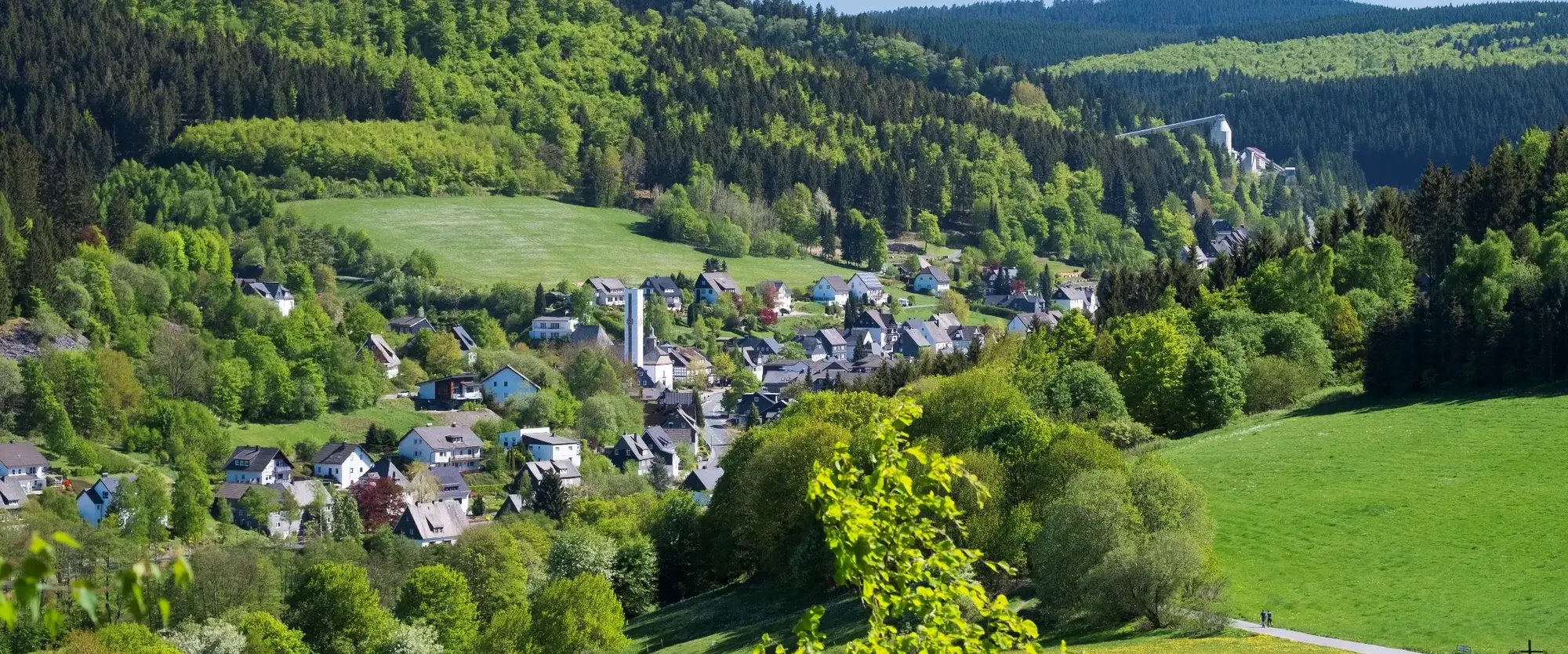 Blick auf die Ortschaft Silbach mit seinen Wäldern und Bergen.