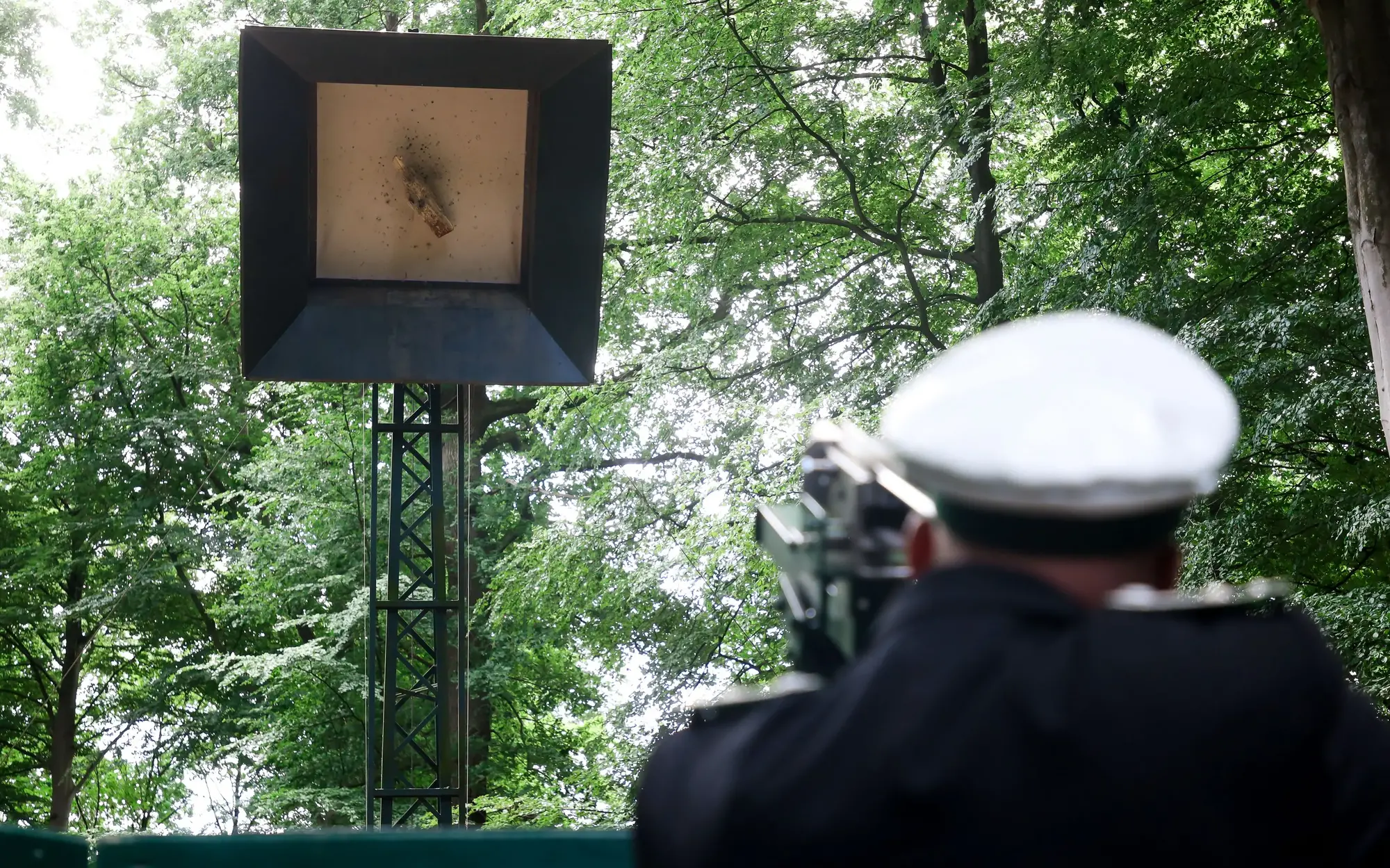 Ein restliches Stück von einem Holzvogel in einem Kasten montiert, davor eine Person, die versucht mit einem Gewehr den Vogel abzuschießen.