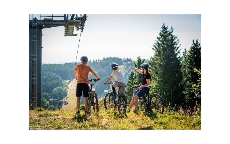 Drei Personen bei einer Mountainbiketour durch das Skiliftkarussell genießen die tolle Aussicht.