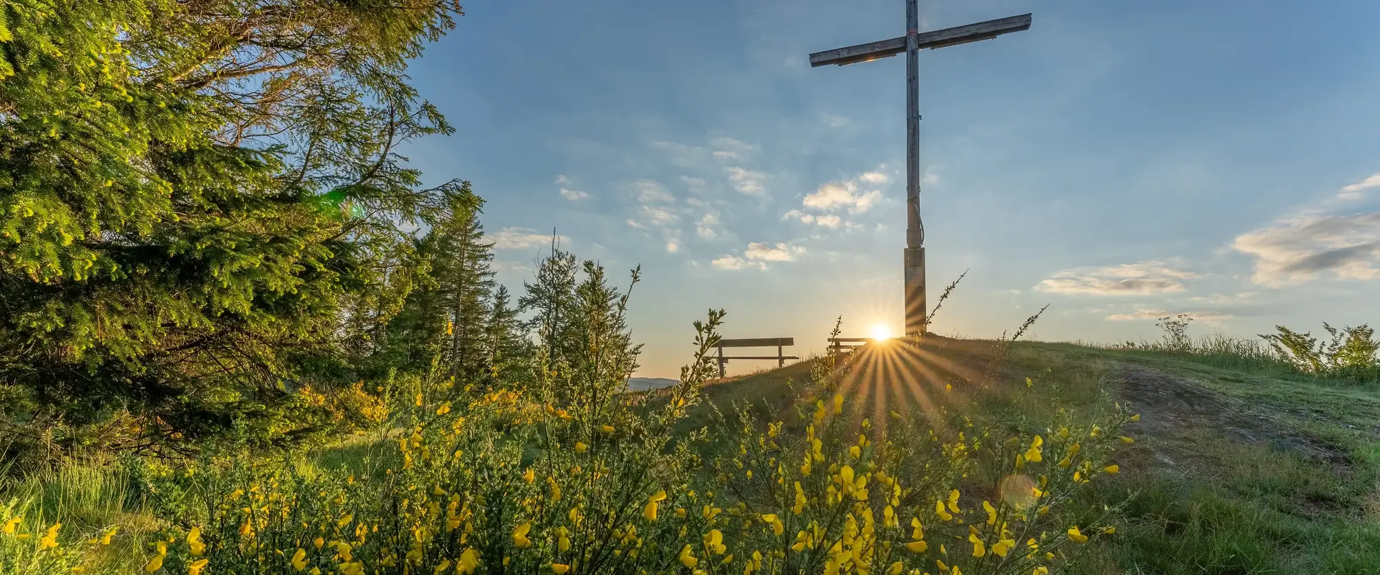 Das Kreuz auf dem Alten Grimmen mit aufgehender Sonne im Hintergrund.
