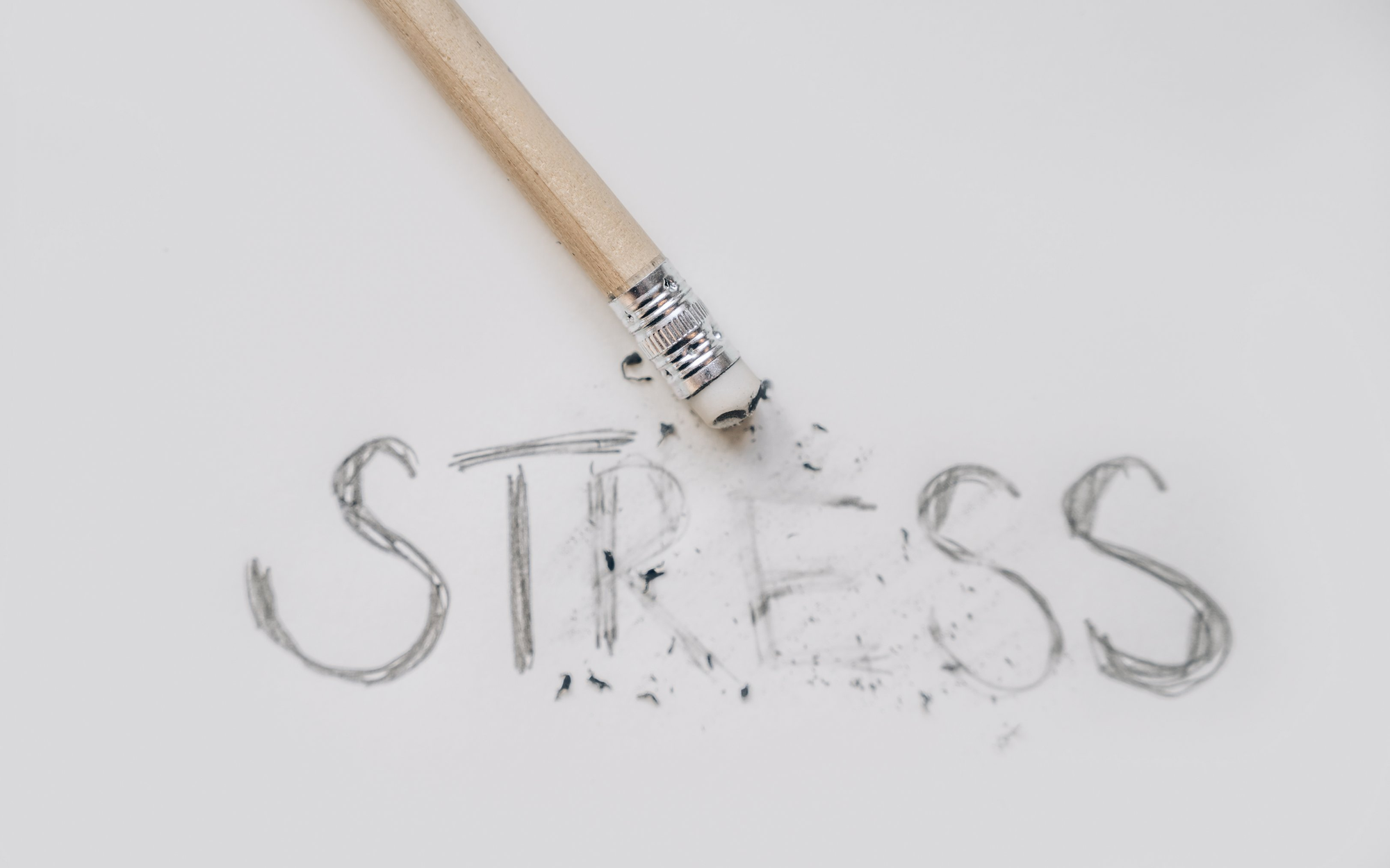 Das Wort Stress mit Bleistift auf ein weißes Blatt Papier geschrieben. Darauf liegt ein Bleistift mit einem Radiergummi am Ende, mit dem ein bischen von dem Wort wegradiert wurde.