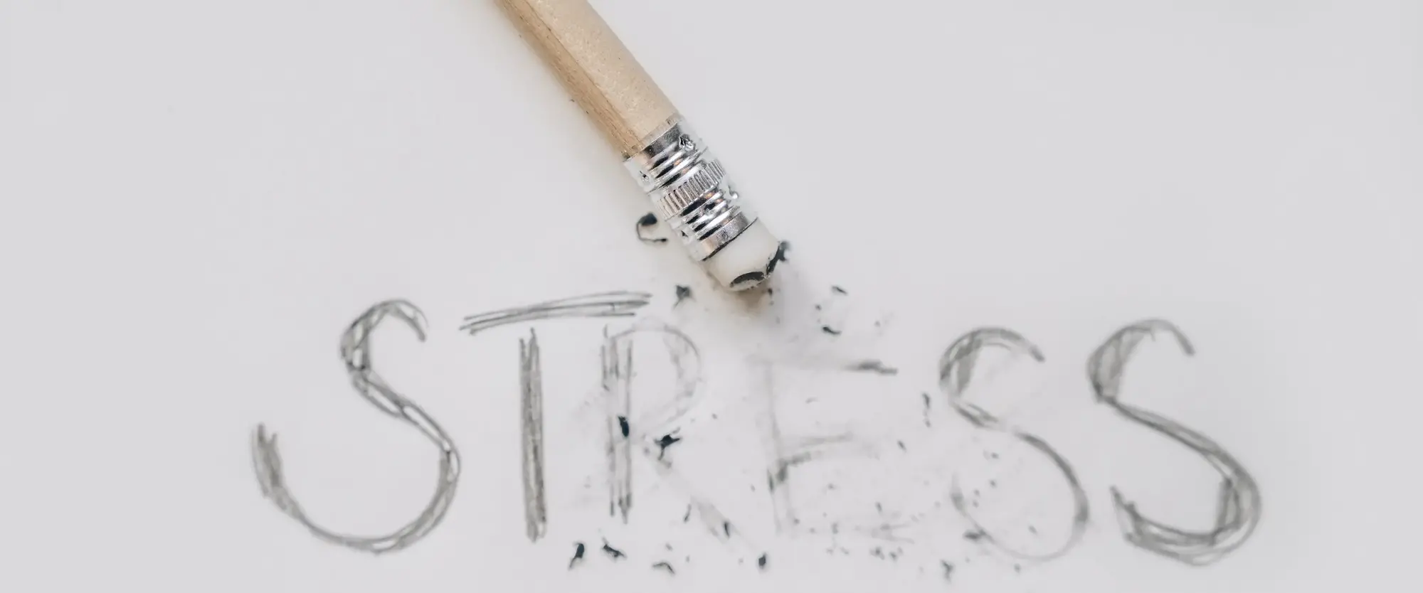 Das Wort Stress mit Bleistift auf ein weißes Blatt Papier geschrieben. Darauf liegt ein Bleistift mit einem Radiergummi am Ende, mit dem ein bischen von dem Wort wegradiert wurde.