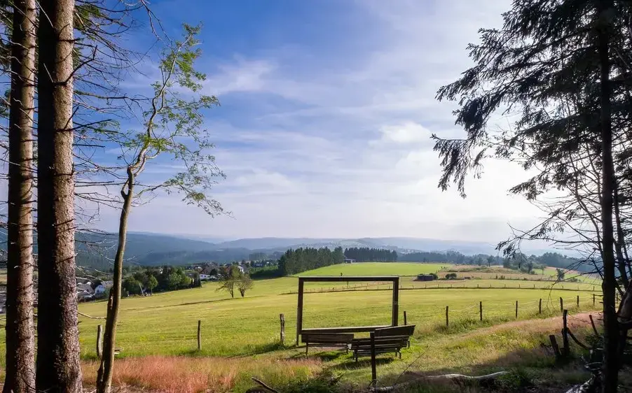 Der Blick vom Waldrand aus Richtung eines Naturkinos und weiten Wiesen, Bergen und Wäldern und dem Dorf Neuastenberg.