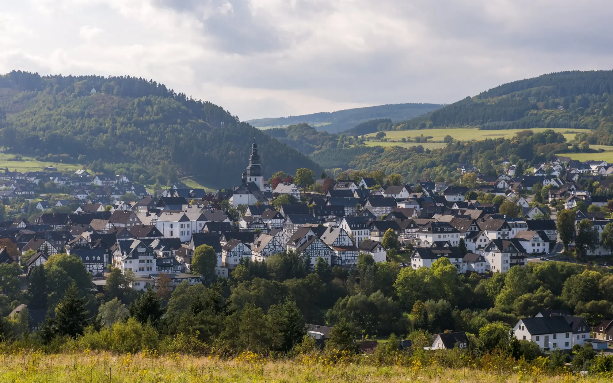 Die Stadt Hallenberg inmitten von Bergen, Wiesen und Wäldern.