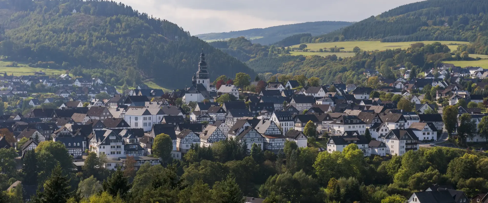 Die Stadt Hallenberg inmitten von Bergen, Wiesen und Wäldern.