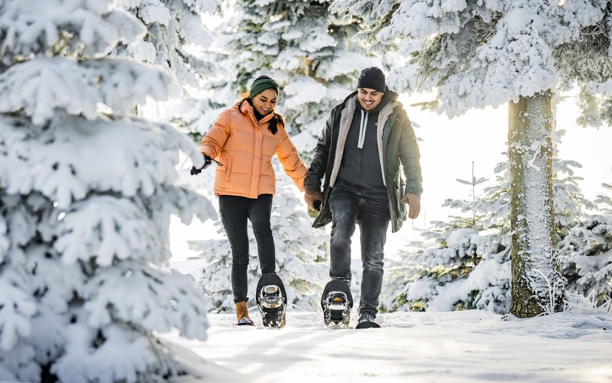 Winterberg_Winter_Schnee_Schneeschuh_Winterwandern_Wald Zwei Personen, die mit Schneschuhen durch den Wald wandern.